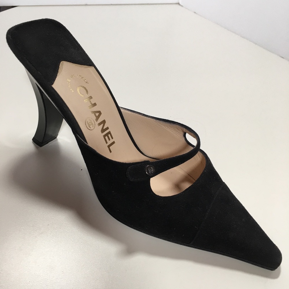 Vintage 90’s Y2K Chanel Black Suede Sculpted High Heel Mule Pointy Toe